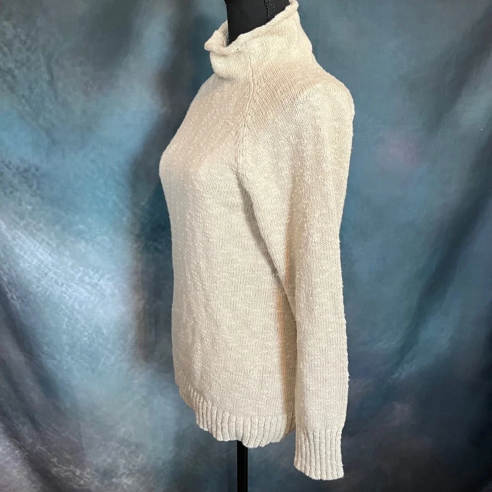 LL Bean Womens Cream Cotton Knit Rollneck Turtleneck Sweater Raglan Sleeve Small